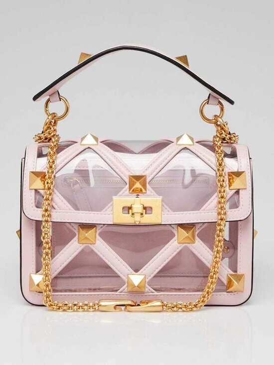 Valentino Handbags - Valentino Rose Quartz Leather and PVC Roman Stud Medium Shoulder Bag